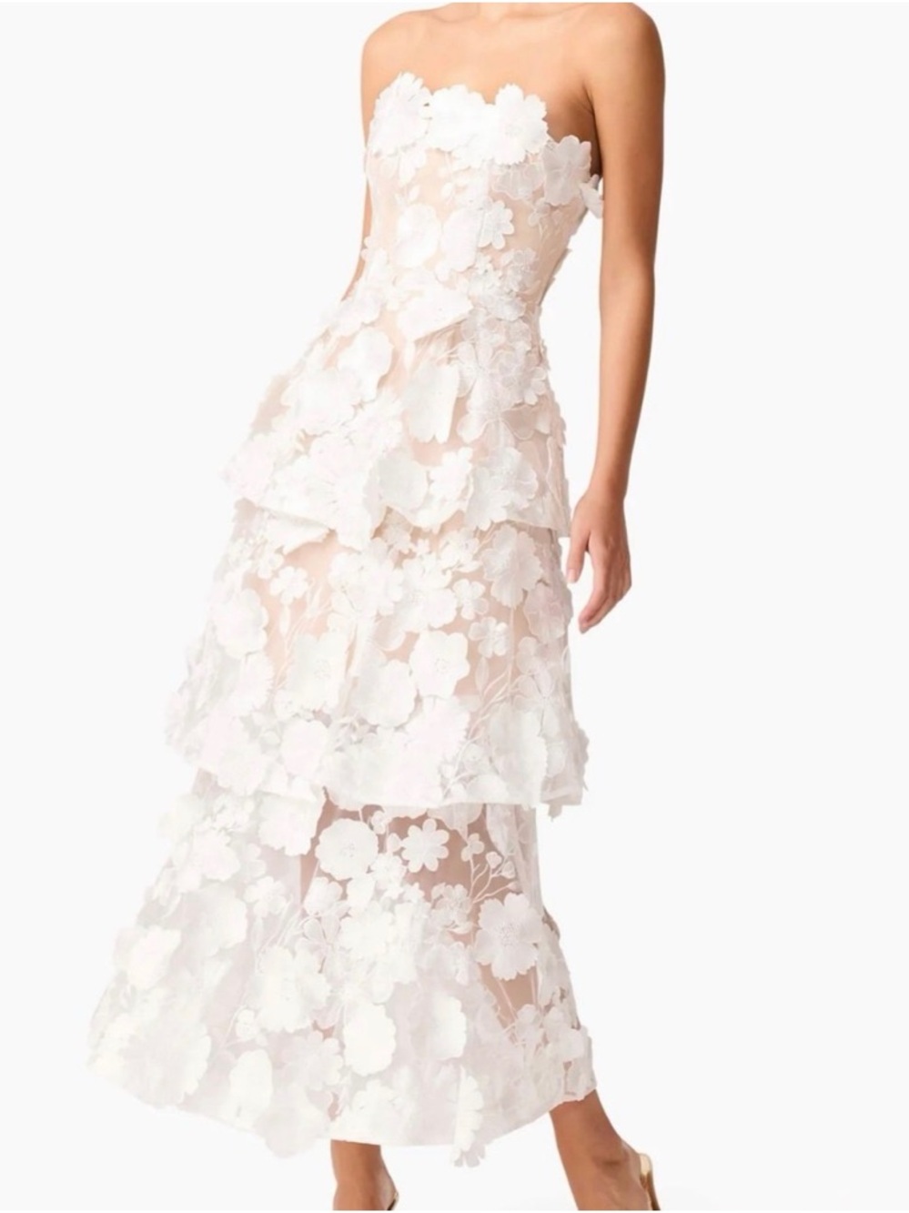 Elliatt Selene Strapless 3D Floral Lace Tiered Maxi Dress